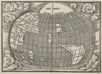 Karte von Nord- und Südamerika, die die Verbindung der beiden Kontinente durch eine Landenge zeigt. Veröffentlicht in Introductio in Ptholomei Cosmographiam (Einführung in die Kosmographie des Ptolemäus) von Jan von Stobnica, 1512